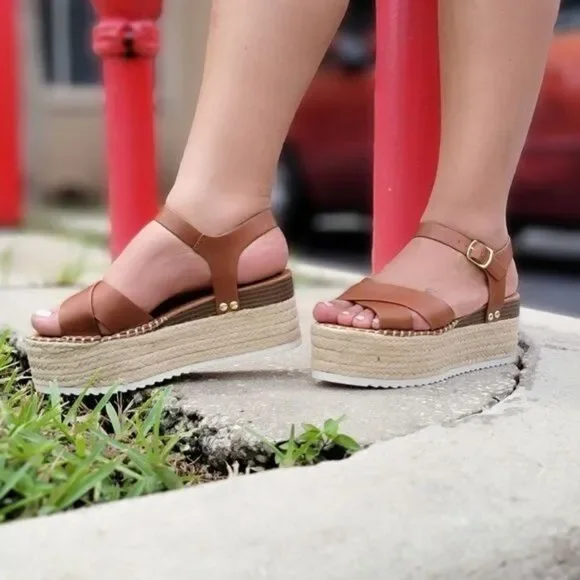 Stylish Tan Platform Wedge Sandals Adjustable Buckle Ankle Strap - Picture 3 of 4